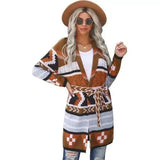 Women's Geometric Pattern Cardigan with Belt-Lattice-2