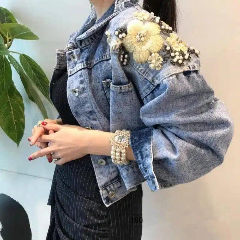 Embroidered Women's Denim Jacket-Blue-2