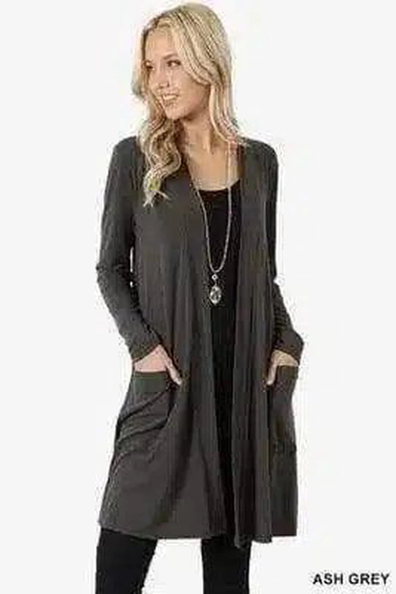 Long Sleeve Open Front Cardigan with Pockets-Grey-3