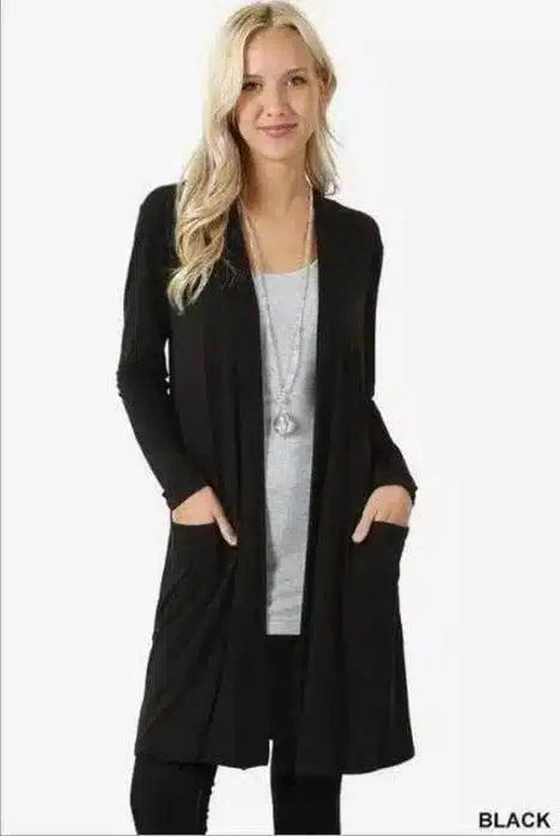 Long Sleeve Open Front Cardigan with Pockets-Black-4