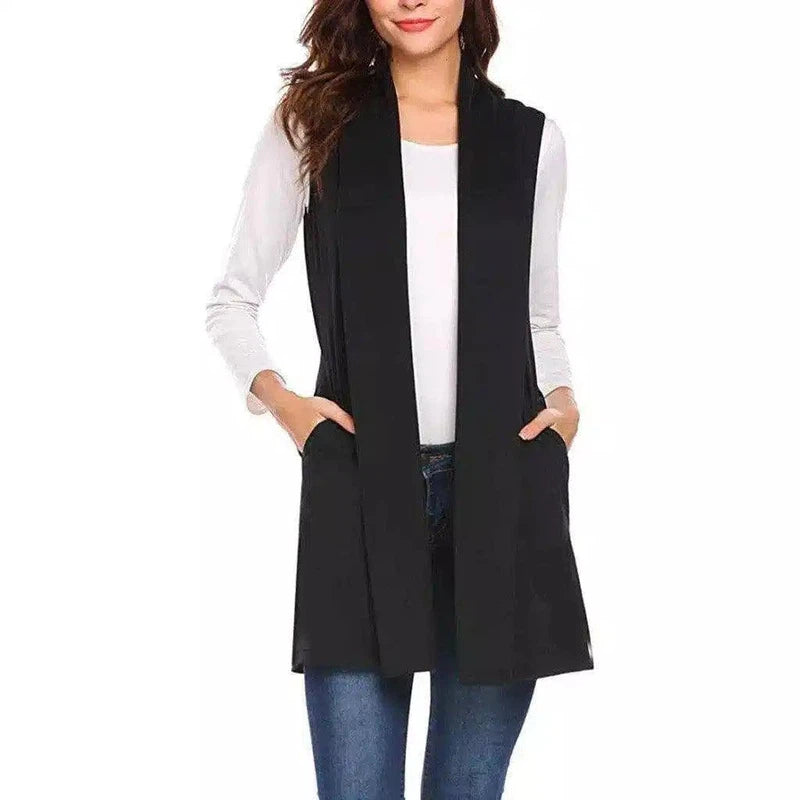 Sleeveless Pocketed Long Vest for Women-Black-1