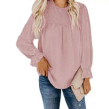 Women's Long Sleeve Sheer Blouse with Lace Detail-Pink-6