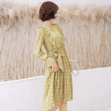 Long-Sleeve Printed Midi Dress with Belt-Yellow-2