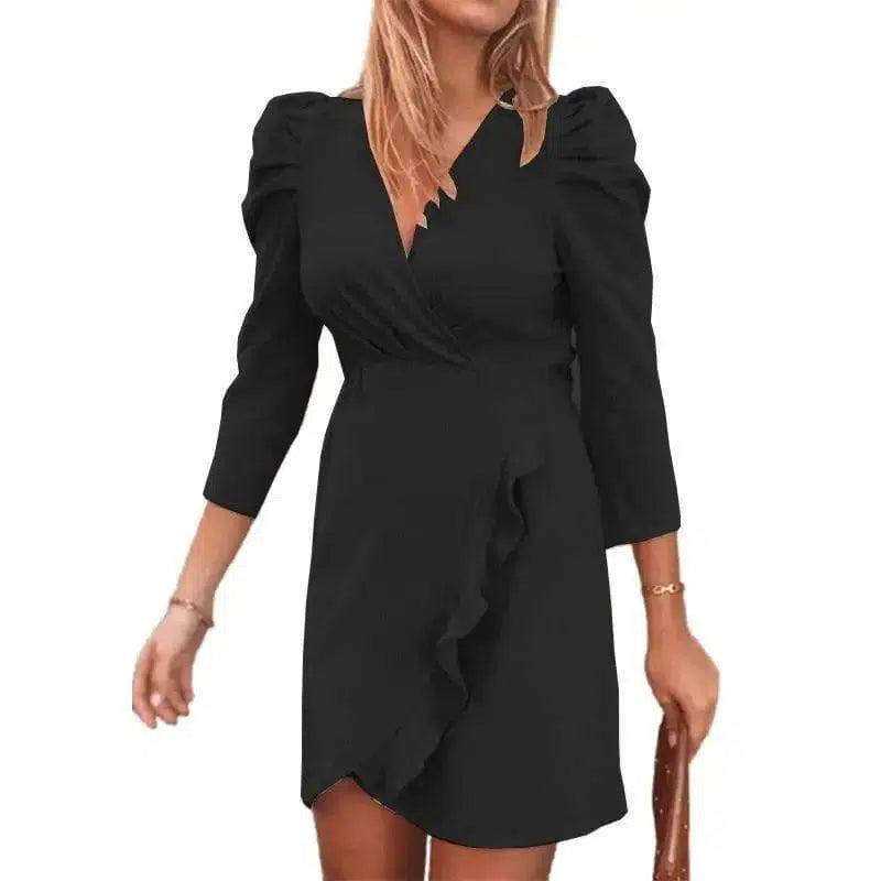 Solid Color V-neck Long-sleeved Ruffled Women's Dress-Black-5