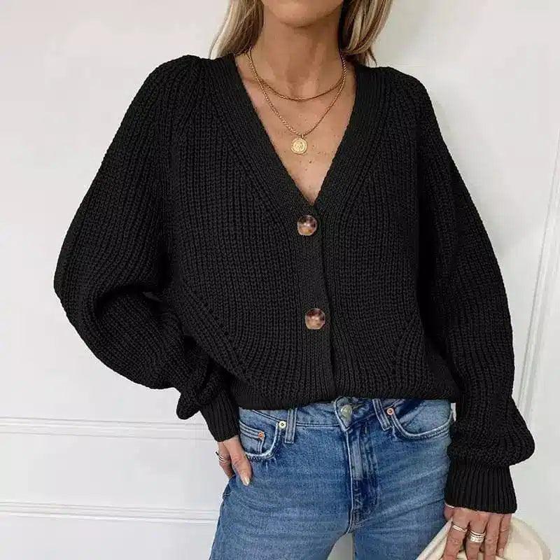 Womens Knit Buttoned Cardigan Sweater-Black-4