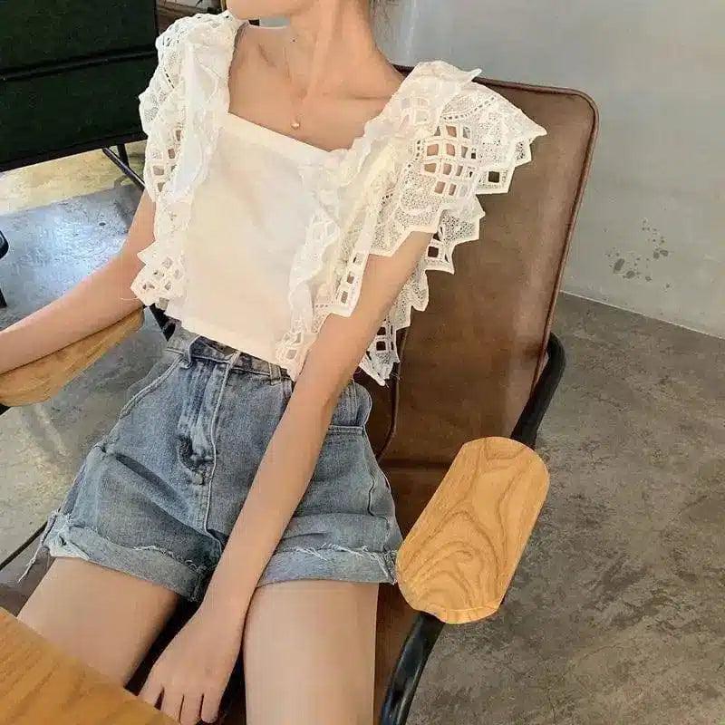 Lace Sleeve Blouse & Denim Shorts Combo-White-1