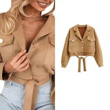 Women's Belted Crop Jacket with Pockets-1