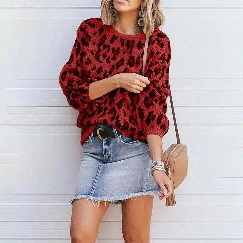 Women's Animal Print Sweater & Denim Skirt Combo-Red-2