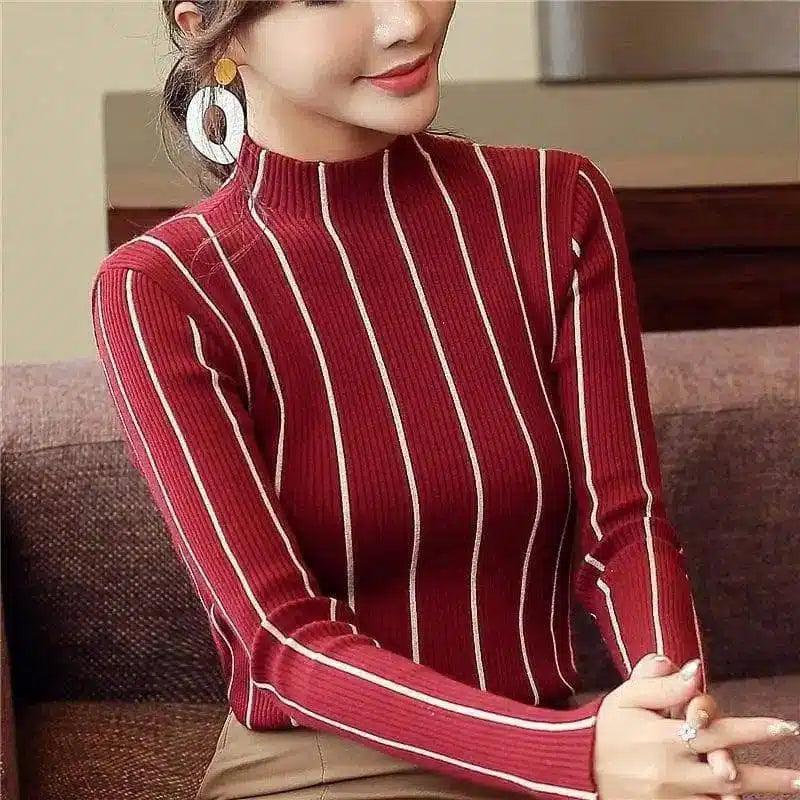 Women's Striped Turtleneck Sweater-Red-2