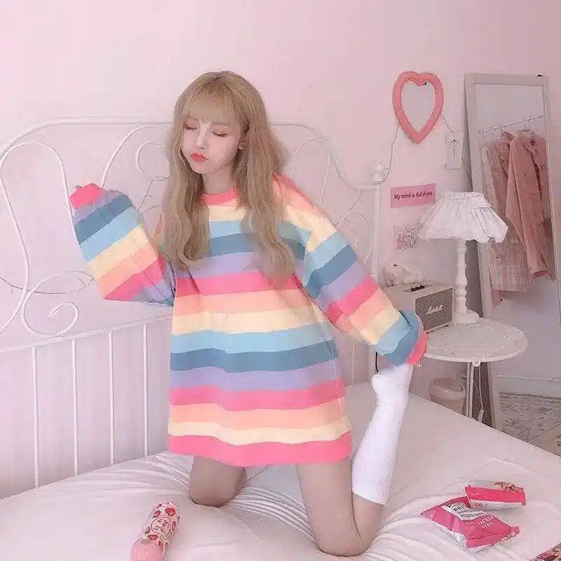 Striped Long-Sleeve Casual Dress-Photo Color-2