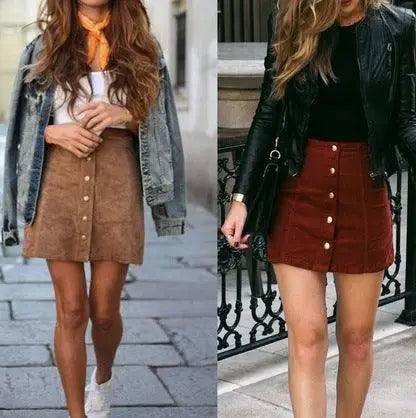 Suede Button-Front Skirt in Brown and Claret-1