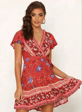 Summer V-neck bohemian print dress skirt women-Redwine-11