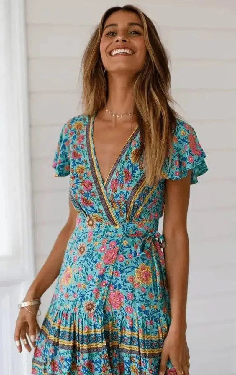 Summer V-neck bohemian print dress skirt women-18