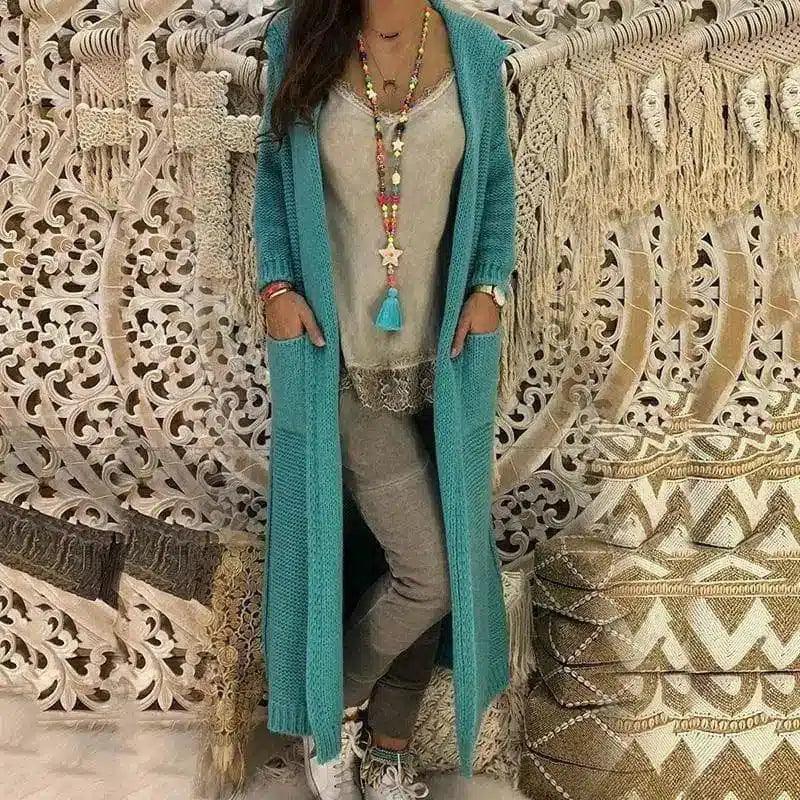 Long Hooded Knit Cardigan for Women-Green-3