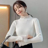 Women's Ribbed Knit Ruffle Collar Sweater-White-3