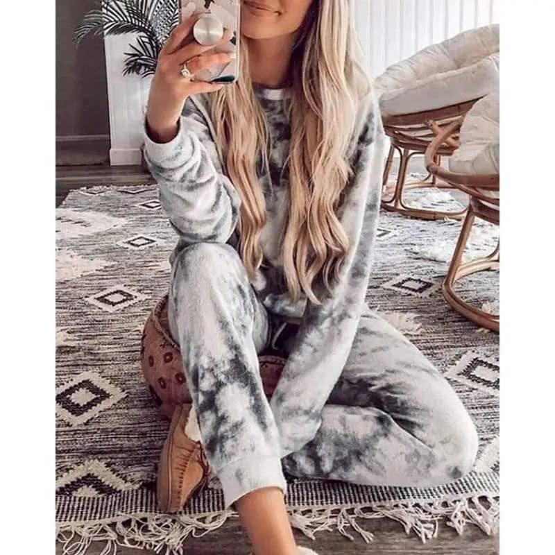 Tie-Dye Printed Round Neck Long-Sleeved Casual Suit-Gray-2