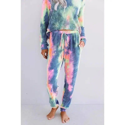 Tie-Dye Printed Round Neck Long-Sleeved Casual Suit-Blue-5