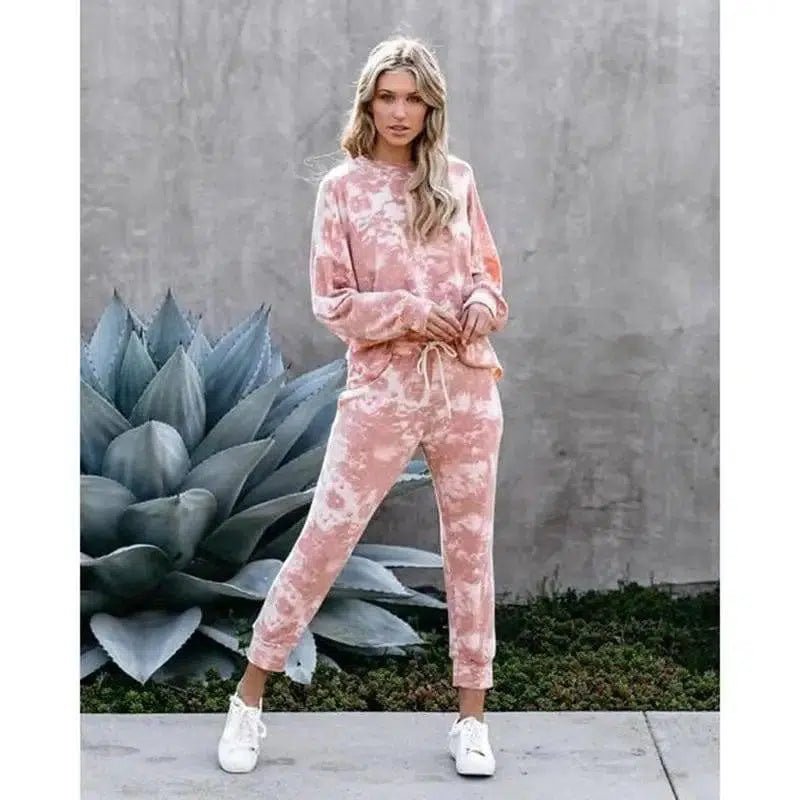 Tie-Dye Printed Round Neck Long-Sleeved Casual Suit-Pink-6