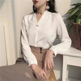 Women's V-Neck Buttoned Blouse for Work and Casual Wear-White-1