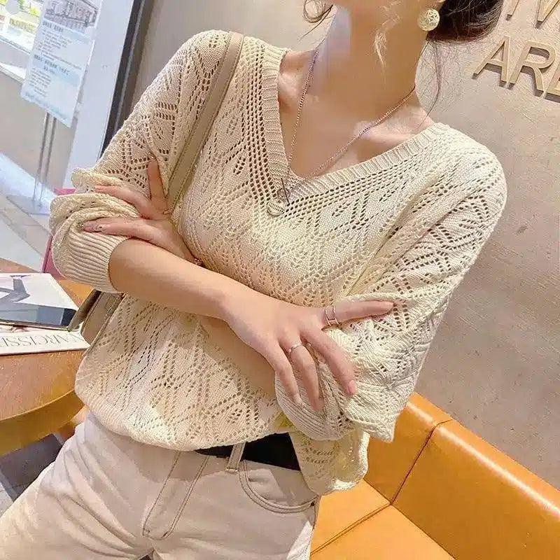 Women's Knit V-Neck Sweater-Beige-2