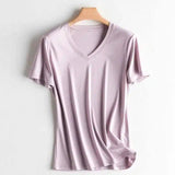 V-neck mercerized cotton T-shirt-Purple-9