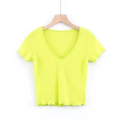 Women's Fitted V-Neck Ribbed Tee-Yellow-5