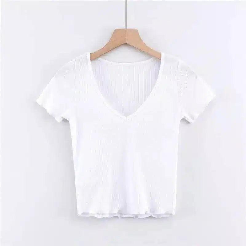 Women's Fitted V-Neck Ribbed Tee-White-6