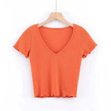 Women's Fitted V-Neck Ribbed Tee-Orange-8