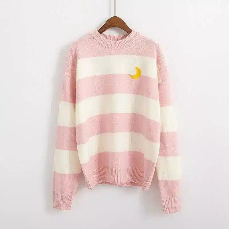 Striped Crewneck Sweater with Embroidered Detail-Pink-2