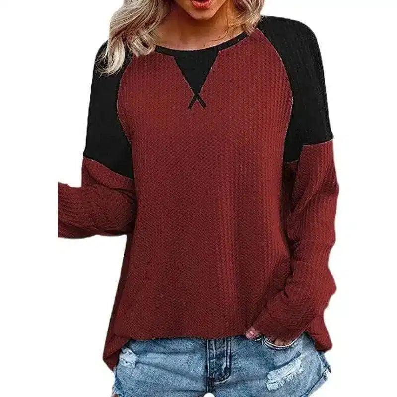 Women's Casual Contrast Sleeve Top-Wine Red-5