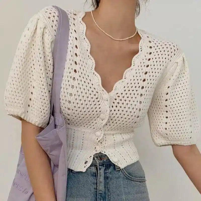 Women's Crochet Knit Short Sleeve Cardigan-1