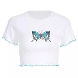 Women's Butterfly Print Crop Top T-Shirt-White-1