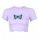 Women's Butterfly Print Crop Top T-Shirt-Light Purple-3