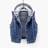 Fitted Denim Vest for Women with Hoodie-Dark Blue-1