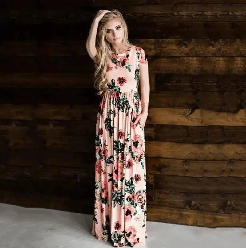 Women's Flower Printing Maxi Dress-Pink-9