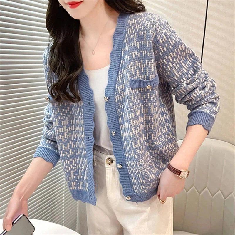 Women's Knit Cardigan with Button Closure-Blue-6