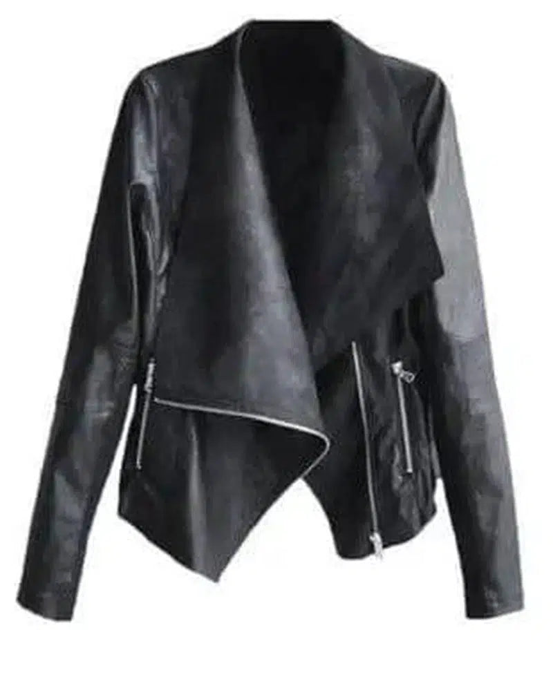 Women's Lapel PU Leather Jacket with Side Zipper-Black-1