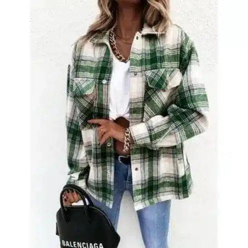 LOVEMI - Lovemi - Women's Long-sleeved Plaid Print Mid-length Shirt