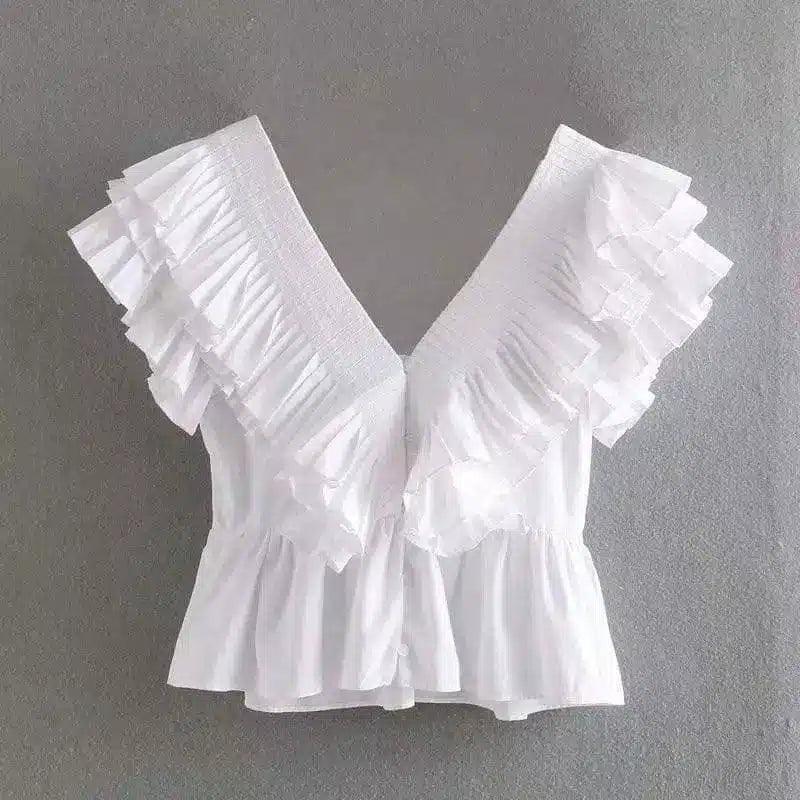 Ruffled Sleeve Peplum Blouse for Women-White-1