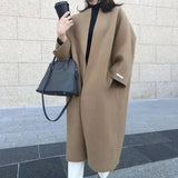 Women's Solid Color Straight Long Coat-Coffee-1