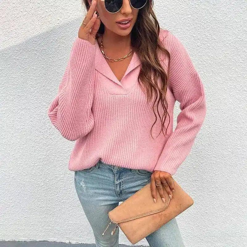 Women's Cozy Knit V-Neck Sweater-Pink-2