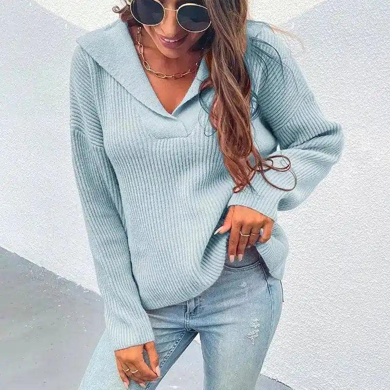 Women's Cozy Knit V-Neck Sweater-Blue-7