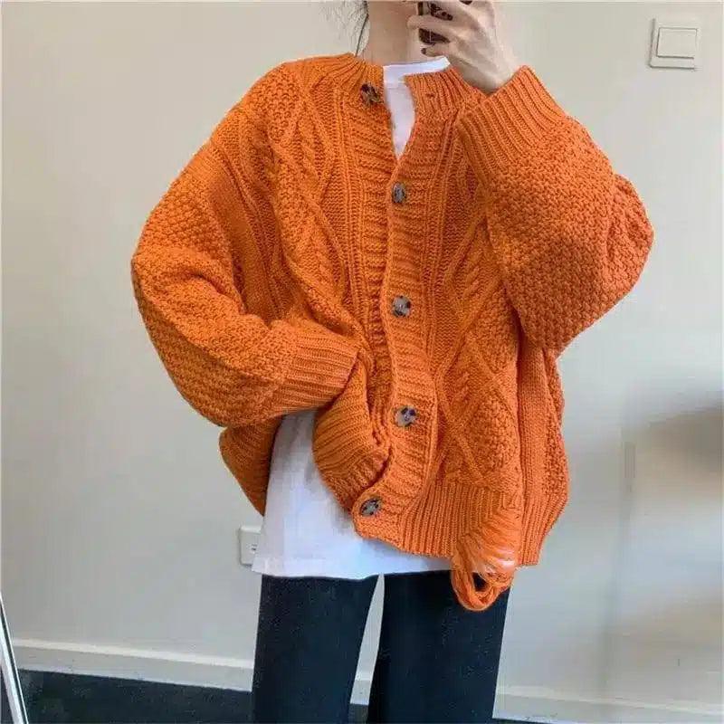 Cable Knit Cardigan with Button Closure-Orange-3