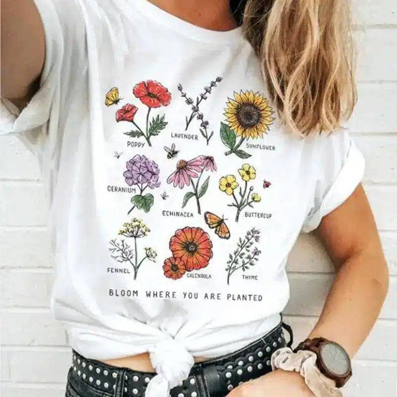 Floral Print Inspirational Quote T-Shirt-White-1