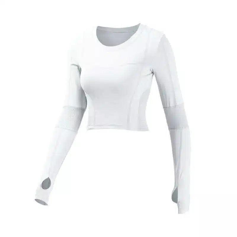 Women's Long Sleeve Athletic Crop Top-White-1