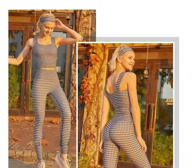 Women's Checkered Yoga Outfit with Headband-White-3