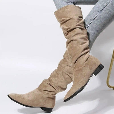 Low Heel Boot Women Faux Suede Pointed Toe Boots Pleated-Khaki-3