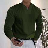 Male Fashion Casual Solid Color V-neck Long Sleeve Shirts-Army Green-10