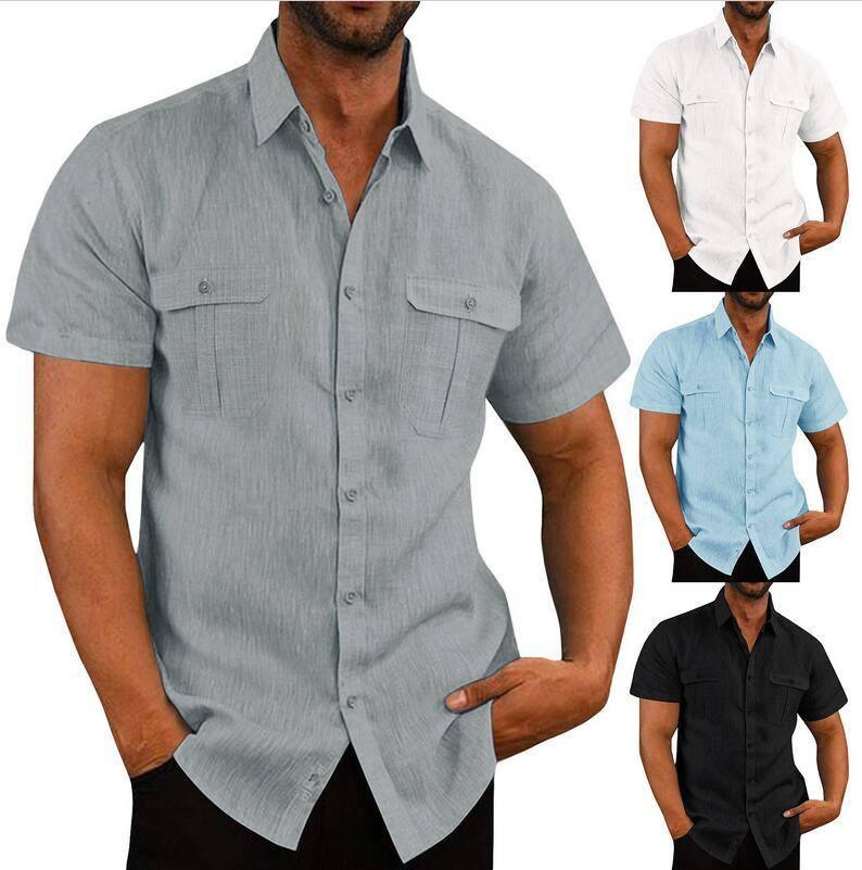 Men's Button Short Sleeve Shirt Summer Casual Double Pocket Wide Collar Beach Shirt Summer Apricot / 3XL-1