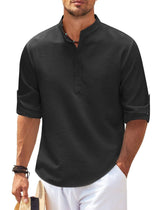 Men's Casual Shirt Long Sleeve Stand Collar Solid Color-Black-5